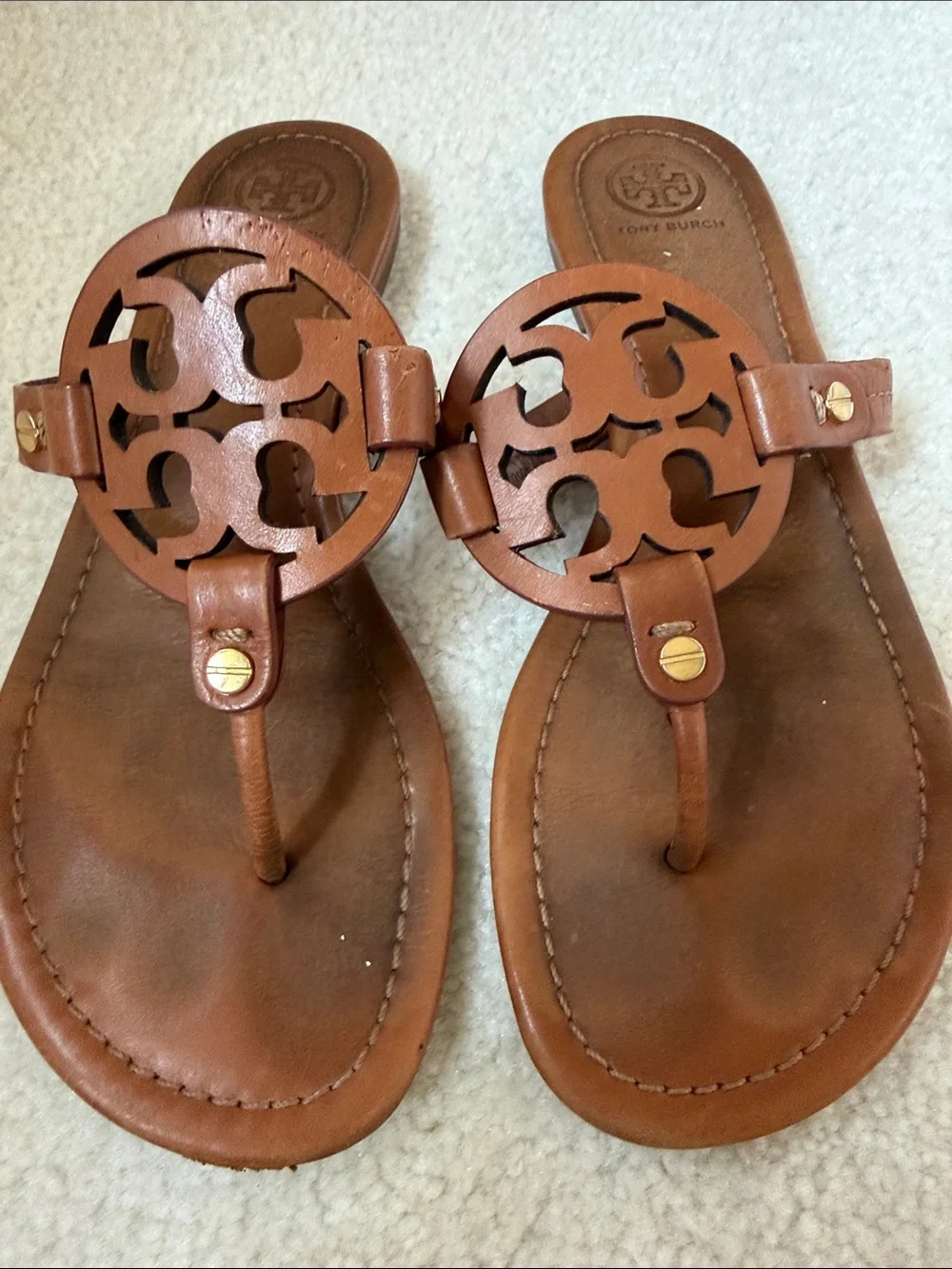 Tory Burch Miller Logo Thong Sandals in Cognac Brown